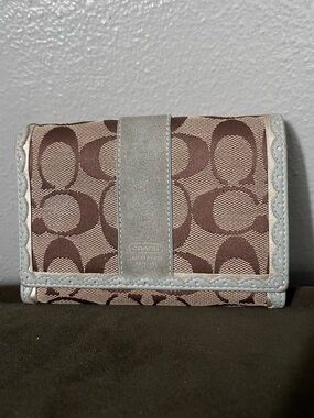 Coach Brown Signature Canvas Tri-Fold Wallet with Light blueTrim